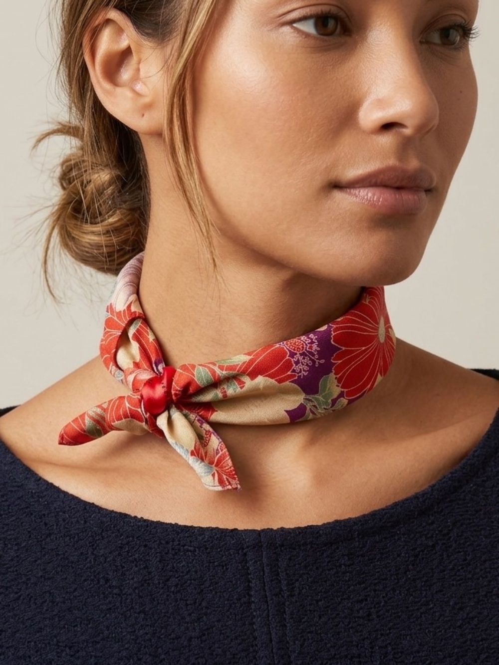 Japanese Cotton Floral Neck Scarf in Red, Purple & Cream